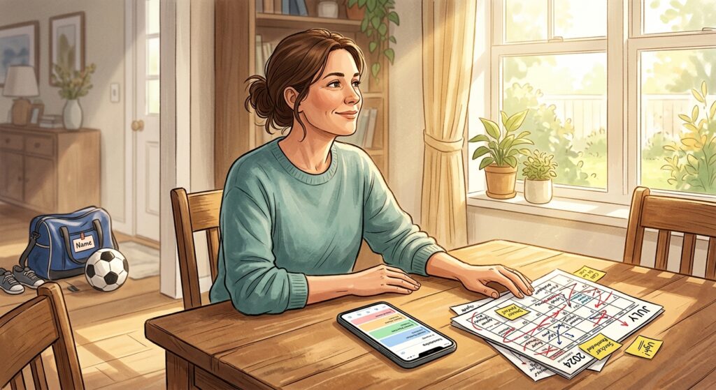 An editorial-style illustration of a parent sitting at a sun-drenched wooden dining table, experiencing a moment of profound relief. On the table, a smartphone displays a clean, minimalist digital scheduling interface with organized colorful blocks. Next to the phone lies an old, messy paper calendar filled with frantic scribbles, crossed-out names, and sticky notes, representing a discarded burden. The parent has a gentle, peaceful smile, looking away from the screen toward a bright window. In the soft-focus background, a child's sports bag and a soccer ball are visible near the door, grounding the scene in the context of youth activities. The lighting is warm and cinematic, creating a hopeful and calm atmosphere that suggests a heavy task has finally been made simple.