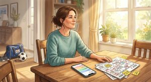 An editorial-style illustration of a parent sitting at a sun-drenched wooden dining table, experiencing a moment of profound relief. On the table, a smartphone displays a clean, minimalist digital scheduling interface with organized colorful blocks. Next to the phone lies an old, messy paper calendar filled with frantic scribbles, crossed-out names, and sticky notes, representing a discarded burden. The parent has a gentle, peaceful smile, looking away from the screen toward a bright window. In the soft-focus background, a child's sports bag and a soccer ball are visible near the door, grounding the scene in the context of youth activities. The lighting is warm and cinematic, creating a hopeful and calm atmosphere that suggests a heavy task has finally been made simple.
