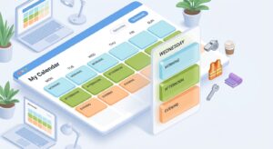 An isometric editorial illustration of a digital calendar interface designed for small-scale shift management. The scene features a clean, stylized calendar grid where a single day is divided into three distinct, color-coded translucent blocks representing morning, afternoon, and evening shifts. Small, minimalist 3D icons representing diverse community activities—such as a sports whistle, a coffee cup, and a safety vest—float near the schedule to show versatility. The aesthetic is modern and bright, using a palette of soft blues, greens, and oranges to convey a sense of organization and ease. The composition is uncluttered and professional, focusing on the harmony of a well-organized schedule within a minimalist workspace.