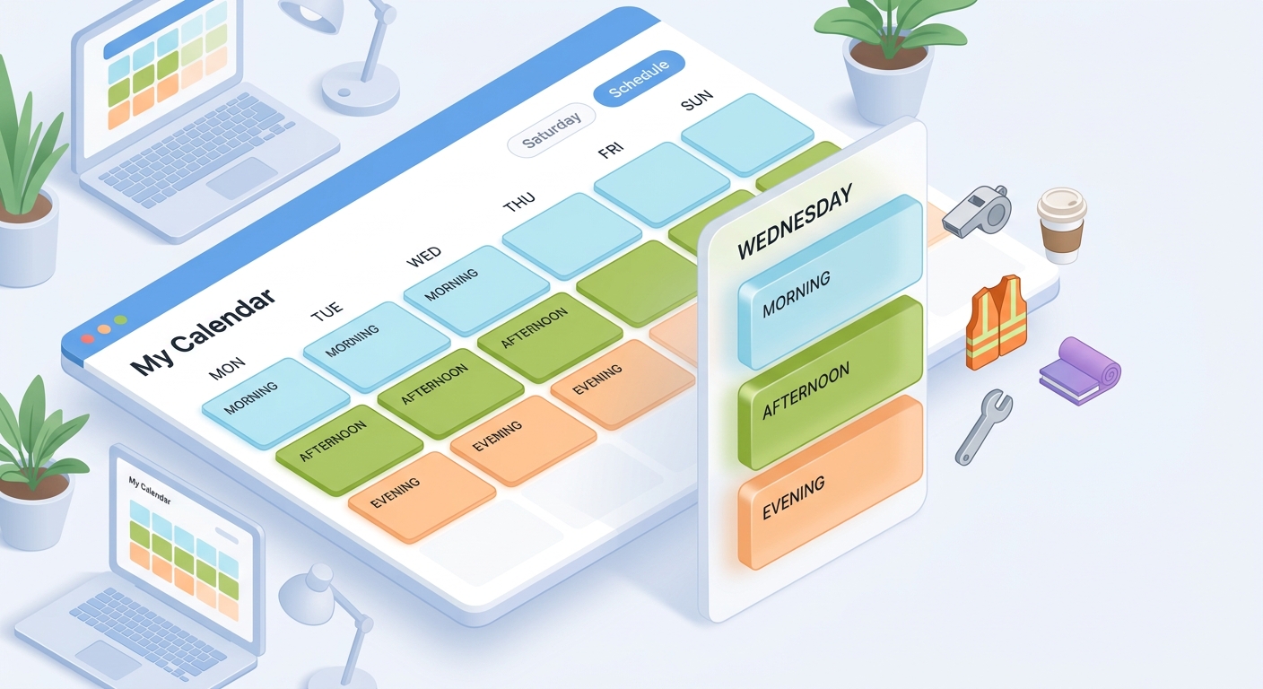 An isometric editorial illustration of a digital calendar interface designed for small-scale shift management. The scene features a clean, stylized calendar grid where a single day is divided into three distinct, color-coded translucent blocks representing morning, afternoon, and evening shifts. Small, minimalist 3D icons representing diverse community activities—such as a sports whistle, a coffee cup, and a safety vest—float near the schedule to show versatility. The aesthetic is modern and bright, using a palette of soft blues, greens, and oranges to convey a sense of organization and ease. The composition is uncluttered and professional, focusing on the harmony of a well-organized schedule within a minimalist workspace.